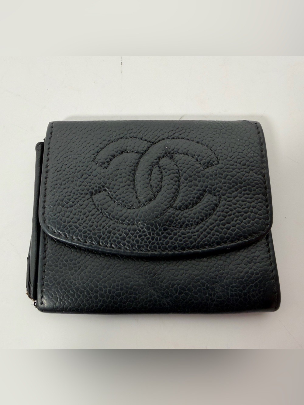 1280: Chanel Vintage Black Caviar Leather Camellia Compact Wallet